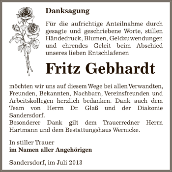 Traueranzeige von Fritz Gebhardt von WVG - Wochenspiegel Bitterfeld