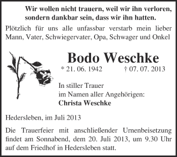 Traueranzeige von Bodo Weschke von WVG - Wochenspiegel Quedlinburg