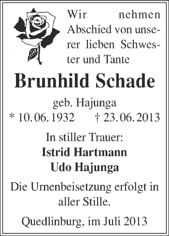 Traueranzeige von Brunhild Schade von WVG - Wochenspiegel Quedlinburg