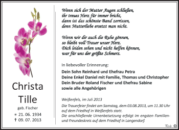 Traueranzeige von Christa Tille von WVG - Wochenspiegel NMB / WSF / ZTZ