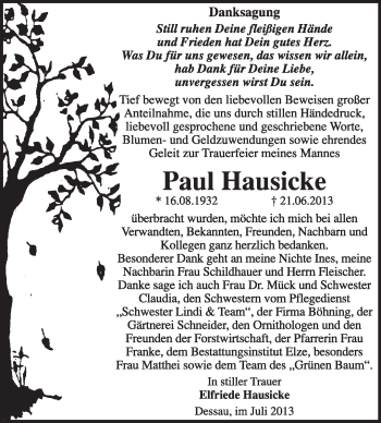 Traueranzeige von Paul Hausicke von Super Sonntag Dessau / Köthen