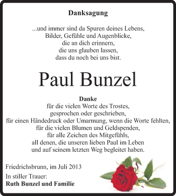Traueranzeige von Paul Bunzel von Super Sonntag Quedlinburg