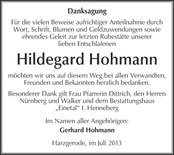 Traueranzeige von Hildegard Hohmann von WVG - Wochenspiegel Quedlinburg