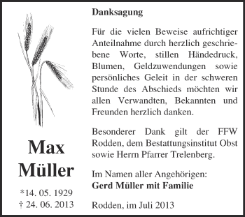 Traueranzeige von Max Müller von Super Sonntag Merseburg
