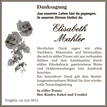 Traueranzeige von Elisabeth Mahler von Super Sonntag Zeitz