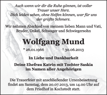 Traueranzeige von Wolfgang Mund von Super Sonntag Dessau / Köthen