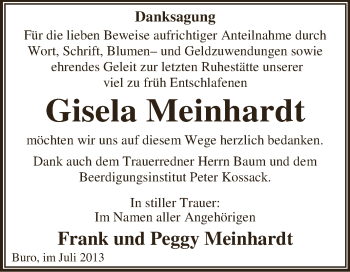 Traueranzeige von Gisela Meinhardt von WVG - Wochenspiegel Dessau / Köthen