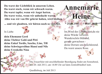 Traueranzeige von Annemarie Heine von WVG - Wochenspiegel Quedlinburg