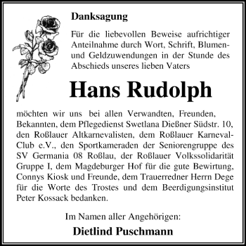 Traueranzeige von Hans Rudolph von Super Sonntag Dessau / Köthen