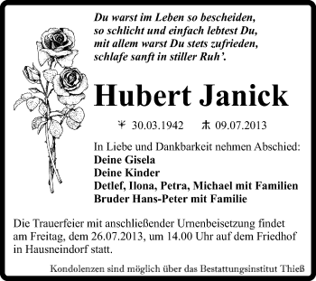 Traueranzeige von Hubert Janick von Super Sonntag Quedlinburg