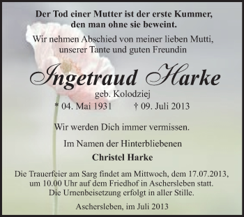 Traueranzeige von Ingetraud Harke von WVG - Wochenspiegel Quedlinburg
