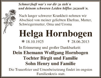 Traueranzeige von Helga Hornbogen von WVG - Wochenspiegel Dessau / Köthen