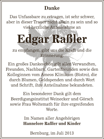 Traueranzeige von Edgar Raßler von Super Sonntag Bernburg