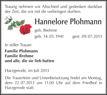 Traueranzeige von Hannelore Plohmann von Super Sonntag Quedlinburg