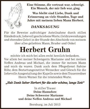 Traueranzeige von Herbert Gruhn von Super Sonntag Bernburg