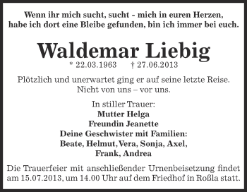 Traueranzeige von Waldemar Liebig von Super Sonntag SGH Mansf. Land