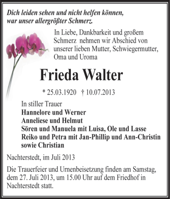 Traueranzeige von Frieda Walter von WVG - Wochenspiegel Aschersleben