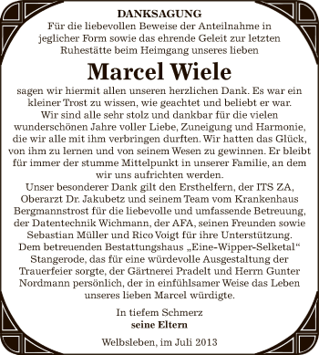 Traueranzeige von Marcel Wiele von Wochenspiegel Mansfelder Land