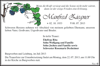 Traueranzeige von Manfred Ziegner von WVG - Wochenspiegel NMB / WSF / ZTZ