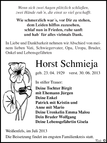 Traueranzeige von Horst Schmieja von WVG - Wochenspiegel NMB / WSF / ZTZ