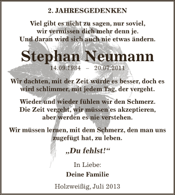 Traueranzeige von Stephan Neumann von WVG - Wochenspiegel Bitterfeld