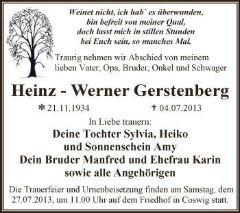 Traueranzeige von Heinz-Werner Gerstenberg von WVG - Wochenspiegel Dessau / Köthen