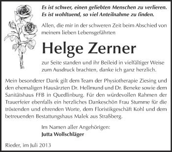 Traueranzeige von Helge Zerner von WVG - Wochenspiegel Quedlinburg