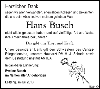 Traueranzeige von Hans Busch von WVG - Wochenspiegel NMB / WSF / ZTZ