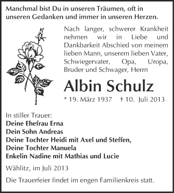 Traueranzeige von Albin Schulz von WVG - Wochenspiegel NMB / WSF / ZTZ