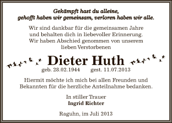 Traueranzeige von Dieter Huth von WVG - Wochenspiegel Bitterfeld