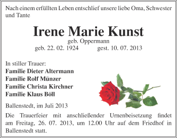 Traueranzeige von Irene Marie Kunst von WVG - Wochenspiegel Quedlinburg