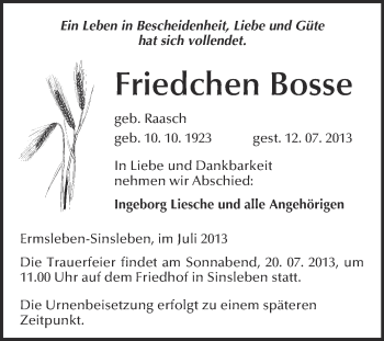 Traueranzeige von Friedchen Bosse von WVG - Wochenspiegel Quedlinburg