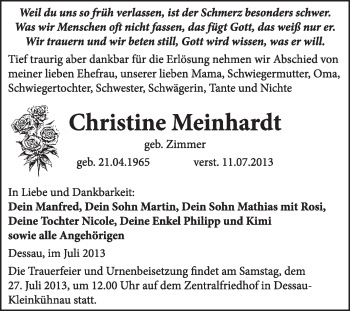 Traueranzeige von Christine Meinhardt von Super Sonntag Dessau / Köthen