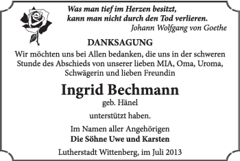 Traueranzeige von Ingrid Bechmann von Super Sonntag Wittenberg