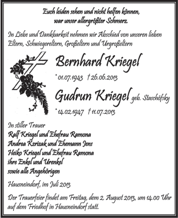 Traueranzeige von Bernhard und Gudrun Kriegel von WVG - Wochenspiegel Aschersleben
