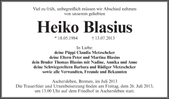 Traueranzeige von Heiko Blasius von WVG - Wochenspiegel Aschersleben