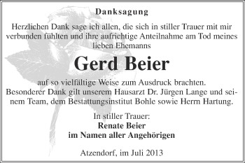 Traueranzeige von Gerd Beier von WVG - Wochenspiegel Merseburg