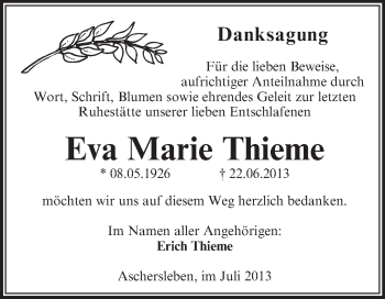 Traueranzeige von Eva Marie Thieme von WVG - Wochenspiegel Aschersleben