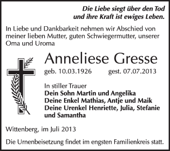 Traueranzeige von Anneliese Gresse von WVG - Wochenspiegel Wittenberg