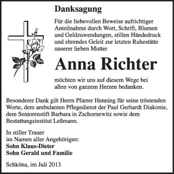 Traueranzeige von Anna Richter von WVG - Wochenspiegel Wittenberg