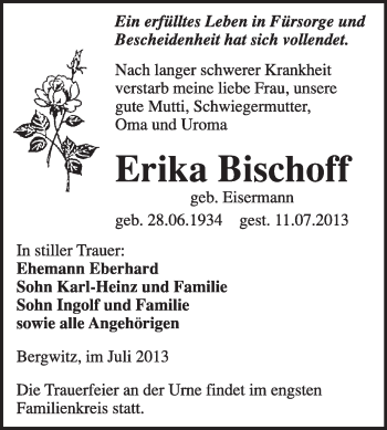 Traueranzeige von Erika Bischoff von WVG - Wochenspiegel Wittenberg