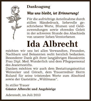 Traueranzeige von Ida Albrecht von Super Sonntag Bernburg