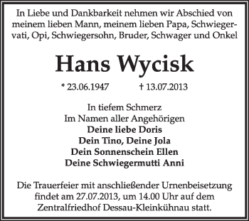 Traueranzeige von Hans Wycisk von Super Sonntag Dessau / Köthen