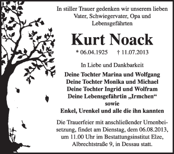 Traueranzeige von Kurt Noack von Super Sonntag Dessau / Köthen
