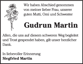 Traueranzeige von Gudrun Martin von Super Sonntag Wittenberg