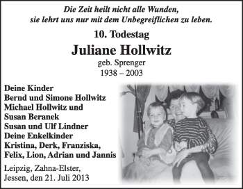 Traueranzeige von Juliane Hollwitz von Super Sonntag Wittenberg