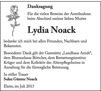 Traueranzeige von Lydia Noack von WVG - Wochenspiegel Wittenberg