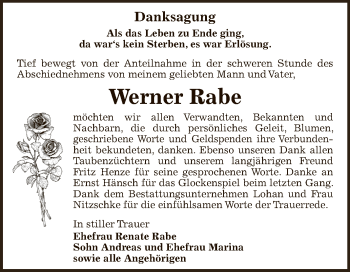 Traueranzeige von Werner Rabe von WVG - Wochenspiegel Bitterfeld