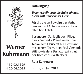 Traueranzeige von Werner Kuhrmann von WVG - Wochenspiegel Wittenberg