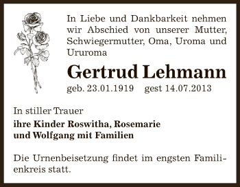 Traueranzeige von Gertrud Lehmann von Super Sonntag Bernburg